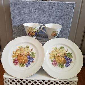 LM Royal Halsey China Dessert Plate Foot Cup Set Of 2 Pineapple Grape Gold Trim